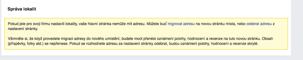 Správa lokalit - Facebook