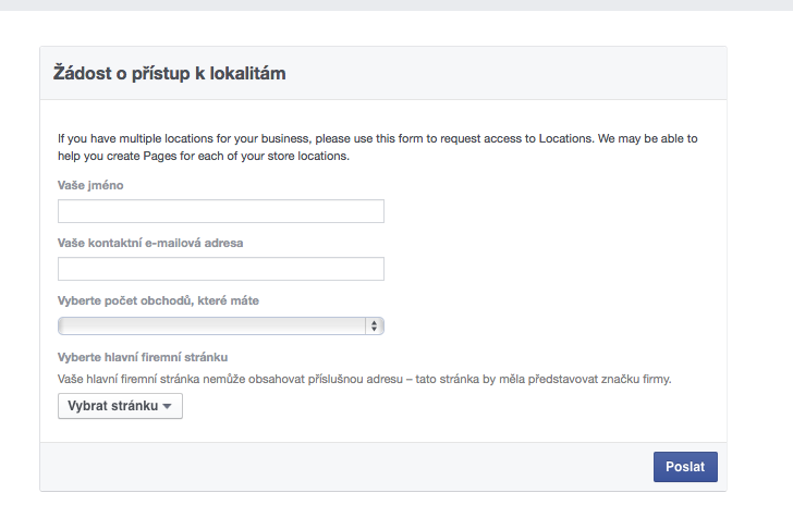 Žádost o přístup k lokalitám na Facebooku